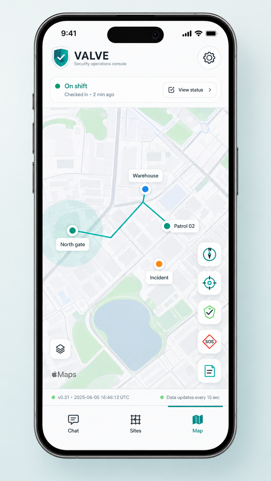 VALVE phone app map showing shift status, live patrol route, site nodes, and incident button